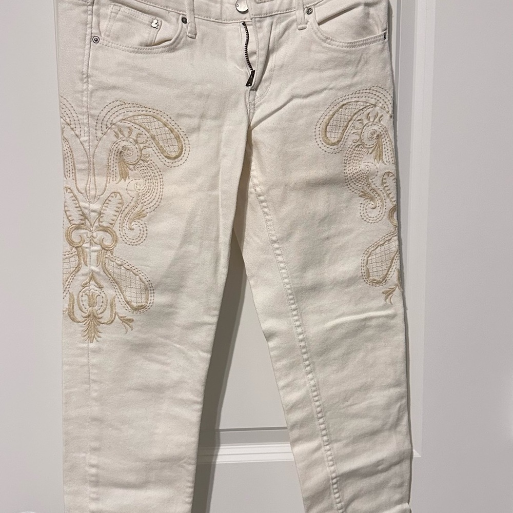 H&M Cream Embroidered Straight Leg Jeans
